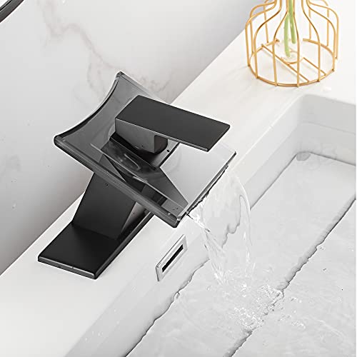 Black Bathroom Faucet Waterfall Spout and Single Handle Wide Glass Spout 1 Hole Faucet for Bathroom Sink Modern Bath Basin Faucet Lavatory Vanity | Bathroom Sink Modern Bath Basin Faucet Lavatory Vanity - color: Black, style: No Led light