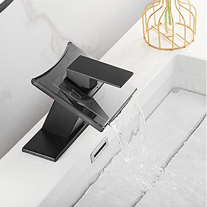 Black Bathroom Faucet Waterfall Spout and Single Handle Wide Glass Spout 1 Hole Faucet for Bathroom Sink Modern Bath Basin Faucet Lavatory Vanity | Bathroom Sink Modern Bath Basin Faucet Lavatory Vanity - color: Black, style: No Led light