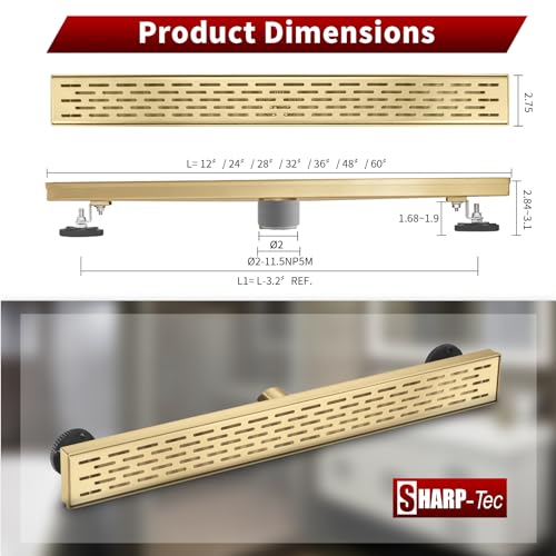 Sharp-tec Shower Drain, 28 inch Linear Shower Drain, Gold 304 Stainless Steel Rectangular Shower Floor Drain with Adjustable Leveling Feet, Hair Strainer, cUPC Certified, ST-096-28G - color: Gold, size: 28 inch