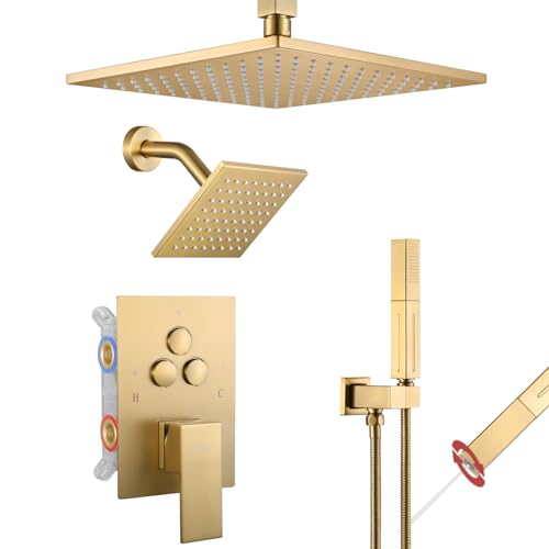 VANFOXLE Shower System Brushed Gold Shower Faucet Set, Push Button Diverter | 10 Inch Ceiling Mount Rain Head Increased Thick, 6 Inch Side Head, 2-in-1 Handheld Sprayer, Solid Brass Valve, Rust Resistant - color: Brushed Gold, style: 10"+6" Head