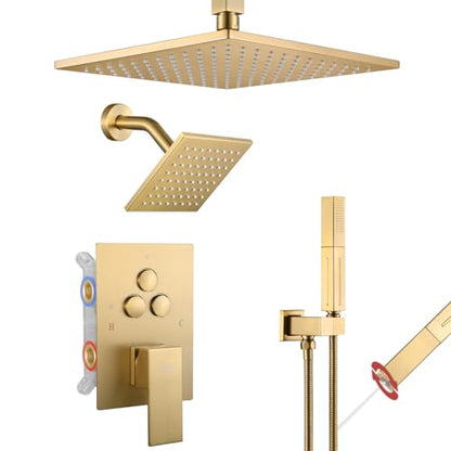 VANFOXLE Shower System Brushed Gold Shower Faucet Set, Push Button Diverter | 10 Inch Ceiling Mount Rain Head Increased Thick, 6 Inch Side Head, 2-in-1 Handheld Sprayer, Solid Brass Valve, Rust Resistant - color: Brushed Gold, style: 10"+6" Head
