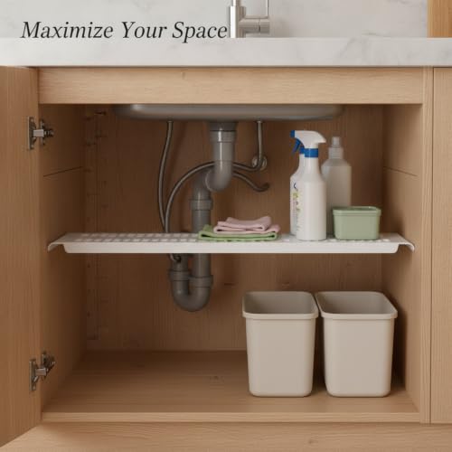 Adjustable Telescopic Tension Shelf for Under Sink Storage, No-Drill PP Plastic Cabinet Organizer Rack, White (1 Pack) - size: 14.84 x 4.72 x 0.71 in