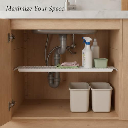 Adjustable Telescopic Tension Shelf for Under Sink Storage, No-Drill PP Plastic Cabinet Organizer Rack, White (1 Pack) - size: 14.84 x 4.72 x 0.71 in