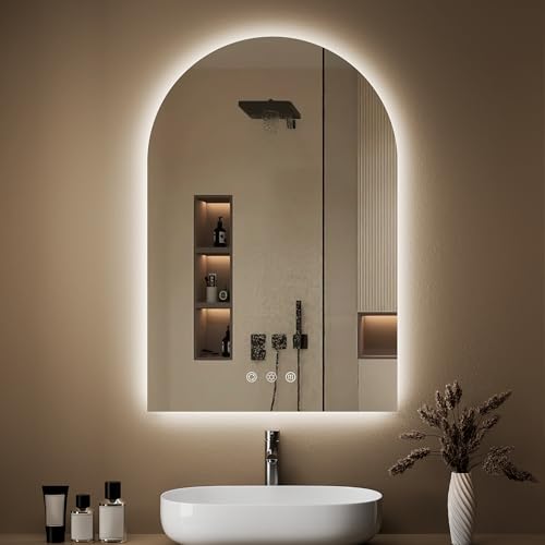 24"x36" Arched LED Lighted Bathroom Mirror with Lights | Fogless, Dimmable, 3 Color Changing, Shatterproof, Touch Sensor - color: Transparent, size: 36"L x 24"W