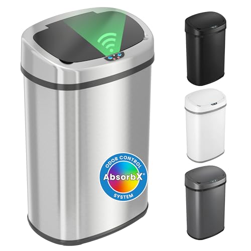iTouchless Patented 13 G Stainless Steel Sensor Trash Can | AbsorbX Filter | Quiet soft-close lid and fingerprint-proof finish | Fits standard bags | 1.5-yr battery life | AC adapter jack built-in - color: Light Silver, Black