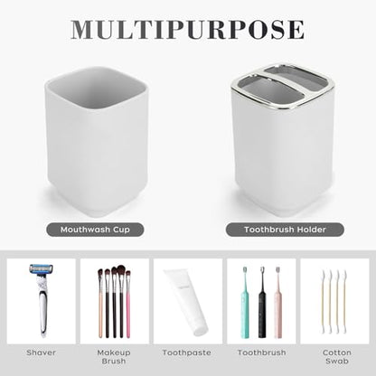 4Pcs White Bathroom Set, Square Boho Soap & Toothbrush Holder Set | Thick shatterproof ABS, electroplated rust-proof pump, drip-free, multi-slot holder, dustproof lids, easy-clean - color: White, size: 4PCS