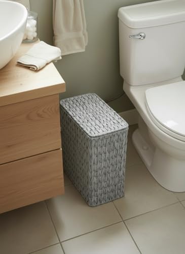 Coeusy 3 Gallon Wicker Trash Can,Grey Bathroom Trash Cans with Lid,Waterproof Slim Waste Basket for Bedroom,Home Office,Narrow Garbage Can with Removable Liner - color: grey