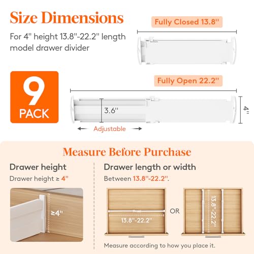 Lifewit 9 Pack 4" High Drawer Dividers, Adjustable Drawer Organizer Clothes | 13.8"-22.2" Expandable White Plastic Separators for Dresser, Kitchen, Cabinet, Nursery, Office, Socks & Underwear Storage - size: 4"H, 13.8-22.2"L