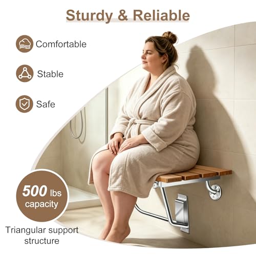 28'' Folding Shower Seat Wall Mounted, 500lb Load Capacity, Space-Saving | Folding Shower Bench with Stainless Steel Bracket, for Elderly, Pregnant Women, Kids, Disabled - size: 28 inches