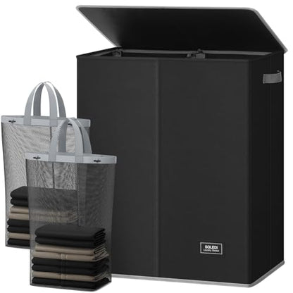 SOLEDI Double Laundry Hamper with Lid and Removable Laundry Bags,Divided Laundry Bin - Large Clothes Hamper 2 Section - Collapsible Laundry Baskets for Bedroom, Bathroom, Laundry Room,Black - color: Black, size: 145l