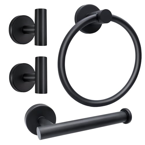 Matte Black Bathroom Hardware Set - Stainless Steel Wall-Mounted Toilet Paper Holder, Towel Ring & 2 Handy Hooks for Modern Bathroom Accessories | Rust-Resistant Towel Hook Set with Easy Installation