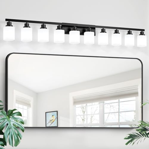 10-Light Bathroom Vanity Light,Modern Matte Black Bathroom Light Fixtures with Square Frosted Glass,64.5in Wall Sconces Over Mirror Restroom,Living Room Hallway E26 - color: Black, size: 10-Light