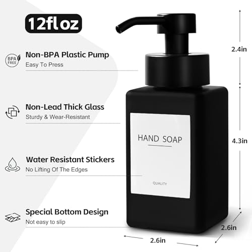 Black Foaming Hand Soap Dispenser, 12oz/350ml Glass Square Foam Soap Dispenser Set, 2Pcs Foaming Soap Dispenser with Foaming Pump, Refillable Soap Foam Dispenser for Bathroom, Kitchen - color: Black Bottle