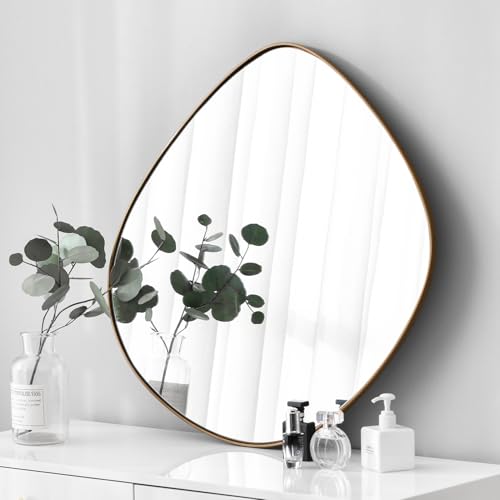 Asymmetrical Wall Mirror Matel Brass Framed Wall Mirror for Living Room Bedroom Bathroom Entryway Wall Decor 32.0" L x 31.5" W ELE-002G - color: Brass, size: 32.0"L x 31.5"W