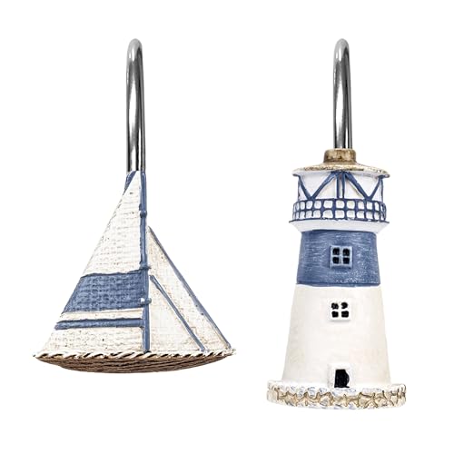 Sunlit Nautical Shower Curtain Hooks, Home Decorative Coastal Shower Curtain Rings for Bathroom, Resin, Ocean Shower Curtain Hanger Hooks for Living Room, Set of 12, Blue Lighthouse Sailboat - size: Sailboat & Lighthouse