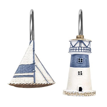 Sunlit Nautical Shower Curtain Hooks, Home Decorative Coastal Shower Curtain Rings for Bathroom, Resin, Ocean Shower Curtain Hanger Hooks for Living Room, Set of 12, Blue Lighthouse Sailboat - size: Sailboat & Lighthouse