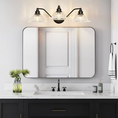 Redluck 3-Light Modern Bathroom Light Fixtures, Black Vanity Lights | Flower Glass Shade, Easy to Install, Rustproof Finish Wall Sconces Lighting for Bathroom Mirror, Living Room, Metal - color: Black