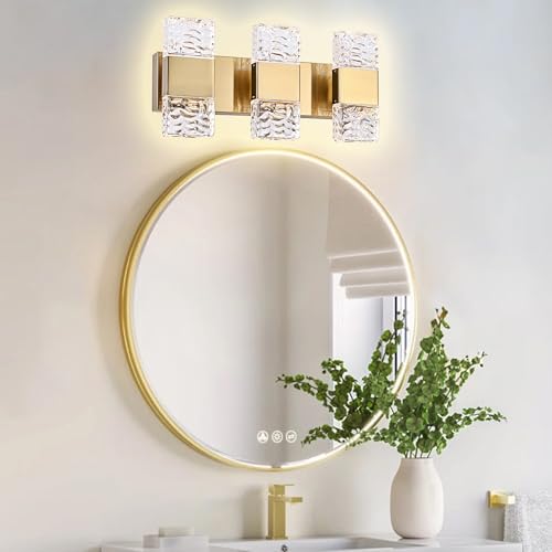 MELUCEE 3-Light Modern LED Vanity Light Bar with Crystal Column Brass 24W | LED Bathroom Vanity Light Bathroom Lights Over Mirror Crystal Wall Sconce Restroom Lighting Fixtures, 3000K Warm Lighting - color: Brass, size: 3 Lights