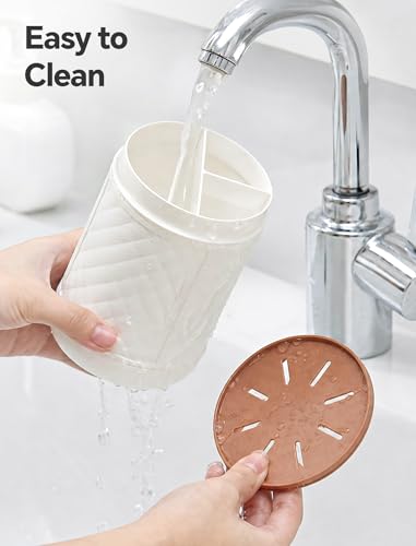 NiHome Covered Toothbrush Holder, 3-Slot PET Organizer with Drain Tray | 9.5 In, 3-Slot Electric Toothbrushes Holder with Clear Cover, Removable Drain Tray, Bathroom Counter Storage Organizer, White