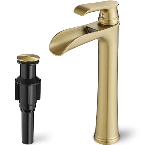 Vessel Sink Faucet, Tall Brass Waterfall Bathroom Faucet 1 Handle Gold Faucets for Bathroom Vanity 1 Hole with Pop-Up Drain & Supply Hoses - color: Brushed Gold-Noble