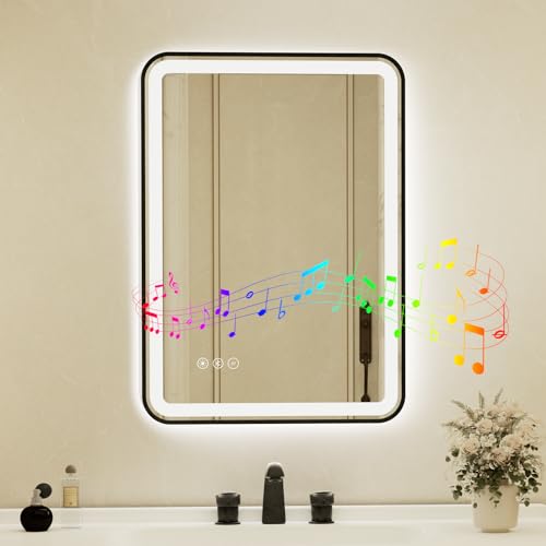 24x32 Inch Black Framed LED Bathroom Mirror with Lights, Built-in Bluetooth Speaker, Dimmable Lighted Bathroom Vanity Mirror with 3 Colors, Backlit + Frontlit, Memory, Anti-Fog - color: Black-with Bluetooth Speaker, size: 24"L x 32"W