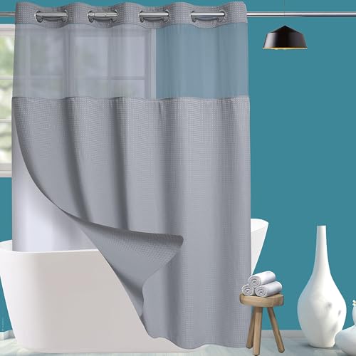 Conbo Mio No Hook Waffle Weave Shower Curtain with Snap in Liner Set, Hotel Luxury Grey Shower Curtains for Bathroom with See Through Top Window, Waterproof, Washable 71W x 74H - color: Waffle-grey, size: 71"W x 74"L (Pack of 1)