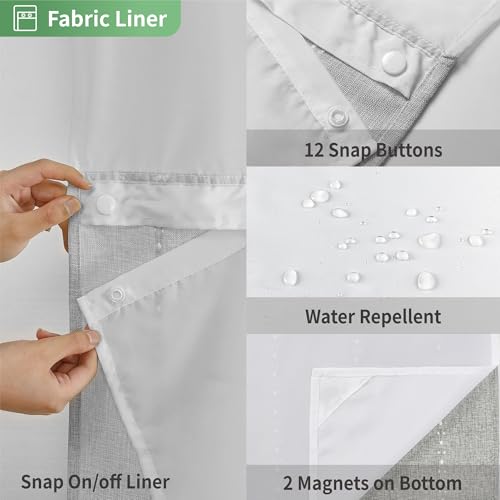 eachope No Hook Extra Long Shower Curtain Set with Snap-in Liner,Linen Textured Thick Striped Fabric with Tassels,Boho Chic Modern Farmhouse Bathroom Curtain,Water-Repellent,Grey/Gray,71x86 | 230GSM Thick Fabric,Hotel Luxury Decor,Mesh Top Window,Magnetic