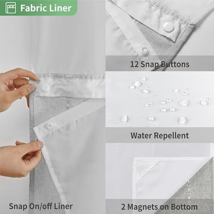 eachope No Hook Extra Long Shower Curtain Set with Snap-in Liner,Linen Textured Thick Striped Fabric with Tassels,Boho Chic Modern Farmhouse Bathroom Curtain,Water-Repellent,Grey/Gray,71x86 | 230GSM Thick Fabric,Hotel Luxury Decor,Mesh Top Window,Magnetic