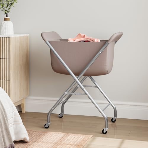ELYKEN Laundry Basket with Wheels, Collapsible Laundry Hamper, Camel Brown | Removable Liner Bag, Foldable Design, Sturdy Metal Frame, 4 Casters, 32”H Laundry Cart for Bedroom, Bathroom & Laundry Room - color: Camel Brown, size: 23.2"L x 13"W x 32"H