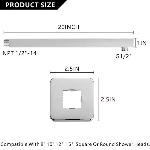 Voolan 20" Square Shower Arm with Flange and Teflon Tape, Extension Shower Head Arm for Bathroom Fixed Shower Head, Solid Stainless Steel, Wall Mounted (Chrome) - color: Chrome, style: 20 Inch