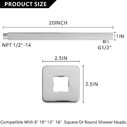 Voolan 20" Square Shower Arm with Flange and Teflon Tape, Extension Shower Head Arm for Bathroom Fixed Shower Head, Solid Stainless Steel, Wall Mounted (Chrome) - color: Chrome, style: 20 Inch