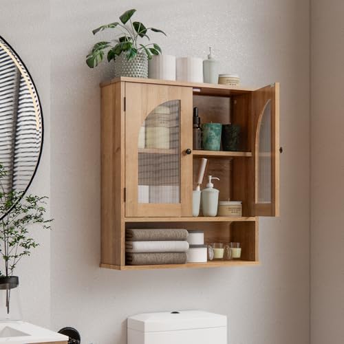 Bathroom Wall Cabinet, Bathroom Storage Cabinet Over Toilet, Medicine Cabinet with Arched Glass Doors & Adjustable Shelves, Wall Mounted Bathroom Cabinet with Open Storage Shelf, Natural - color: Natural-glass Arched Door