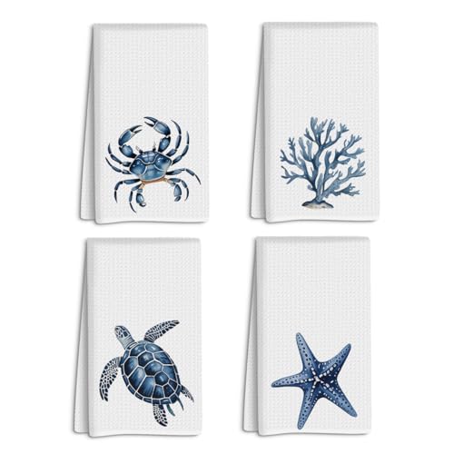 Coastal Kitchen Towels Set of 4, Crab Coral Sea Turtle Starfish Decorative Waffle Weave Dish Towel Hand Towel Tea Towels for Kitchen Bathroom Home Decor