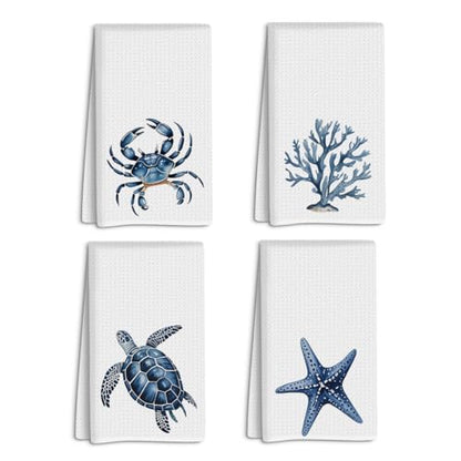 Coastal Kitchen Towels Set of 4, Crab Coral Sea Turtle Starfish Decorative Waffle Weave Dish Towel Hand Towel Tea Towels for Kitchen Bathroom Home Decor
