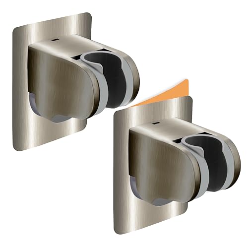 HO2ME Wall Mount Shower Bracket, No Drilling, 2-Pack, Brushed Nickel | Self-Adhesive, Wide-Angle Swivel, Fits Any Shower Space, for Handheld Shower Head, Waterproof, Just Peel-and-Stick