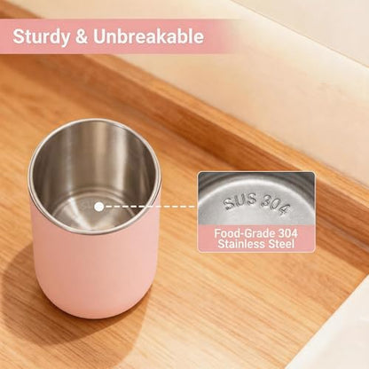 Unbreakable Stainless Steel Toothbrush Holder Tumbler Cup for Bathroom 13oz | Reusable Kids Bathroom Tumbler Cup & Tooth Brush Holder, Countertop Toothpaste Organizer Storage Set, Pink 2 Pack - color: Pink