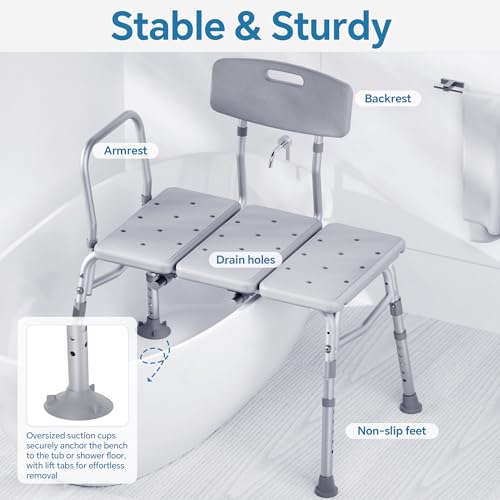 HOMLAND Tub Transfer Bench with Backrest for Bathtub, Height Adjustable | 400 lbs, Slip-Resistant Feet, Sturdy Aluminum Heavy Duty Shower Chair, Safer Bathing Aid Bench for Elderly and Disabled