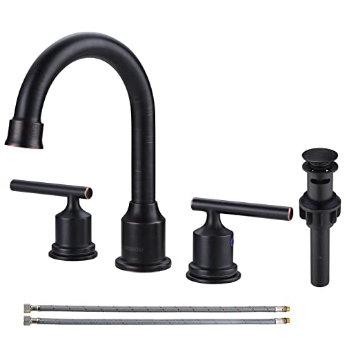 WOWOW 2 Handle Bathroom Faucet Oil Rubbed Bronze Bathroom Sink Faucet Widespread Vanity Faucet 3 Hole with Pop Up Drain and Supply Hoses High Arc Basin Faucet - color: Oil Rubbed Bronze, size: Widespread