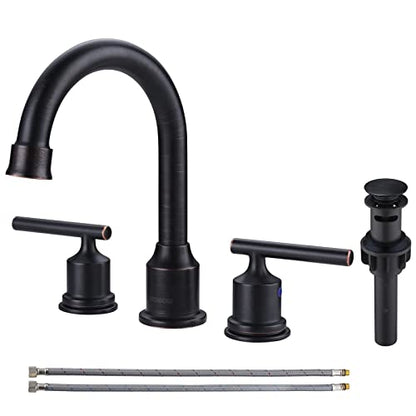 WOWOW 2 Handle Bathroom Faucet Oil Rubbed Bronze Bathroom Sink Faucet Widespread Vanity Faucet 3 Hole with Pop Up Drain and Supply Hoses High Arc Basin Faucet - color: Oil Rubbed Bronze, size: Widespread