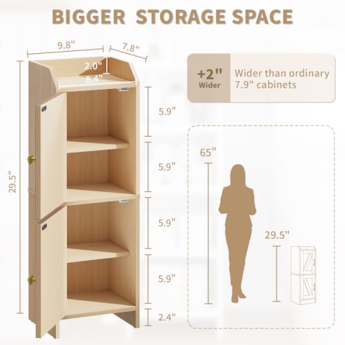 Rattan Narrow Bathroom Storage Cabinet, 7.9''D x 9.8''W x 29.5''H, Toilet Paper Storage Cabinet with 2 Doors & Adjustable Shelf, Space-Saving Bathroom Organizer for Small Spaces, Natural Oak