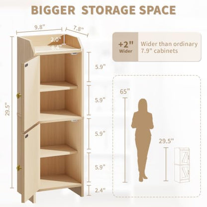 Rattan Narrow Bathroom Storage Cabinet, 7.9''D x 9.8''W x 29.5''H, Toilet Paper Storage Cabinet with 2 Doors & Adjustable Shelf, Space-Saving Bathroom Organizer for Small Spaces, Natural Oak