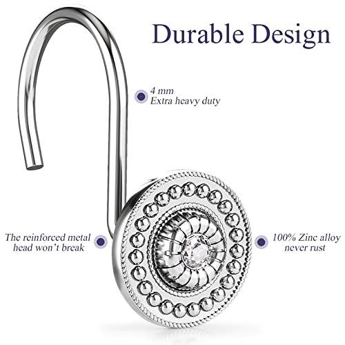 Silver Shower Curtain Hooks, Rust Proof Shower Curtain Rings for Bathroom, Metal Decorative Shower Curtain Hooks Hangers for Shower Curtain Rod, Shower Hooks for Shower Curtain Set of 12 Chrome | Zinc alloy & acrylic rhinestone design; 4mm thick wire hold