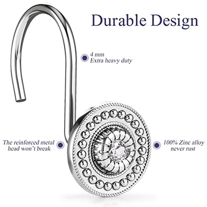 Silver Shower Curtain Hooks, Rust Proof Shower Curtain Rings for Bathroom, Metal Decorative Shower Curtain Hooks Hangers for Shower Curtain Rod, Shower Hooks for Shower Curtain Set of 12 Chrome | Zinc alloy & acrylic rhinestone design; 4mm thick wire hold