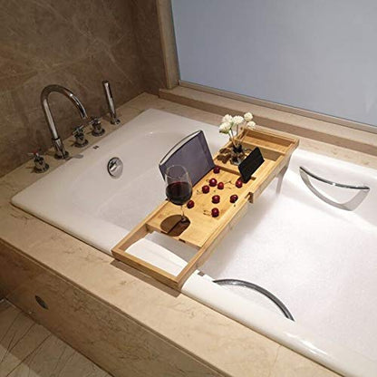 Bathtub Trays for Tub, Bathroom Bathtub Caddy Tray with Wine Slots and Book Holder, Bathroom Storage Bathtub Shelf for Wine, Book, Soap, Phone
