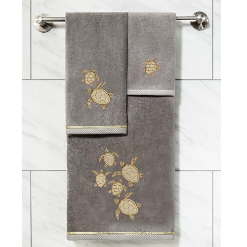 Jewel 4-Piece Premium Towel Set, Embroidered Turtles, Plush Turkish Cotton, Durable & Quick Dry, Elegant Beach Style, 2 Bath 2 Hand Towels, Charcoal - color: Charcoal, size: 2 Pcs Bath 2 Pcs Hand Towel