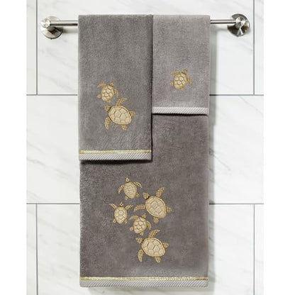 Jewel 4-Piece Premium Towel Set, Embroidered Turtles, Plush Turkish Cotton, Durable & Quick Dry, Elegant Beach Style, 2 Bath 2 Hand Towels, Charcoal - color: Charcoal, size: 2 Pcs Bath 2 Pcs Hand Towel