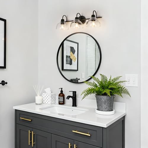 KSANA Black Bathroom Light Fixtures, Modern Farmhouse Vanity Lights Over Mirror 3-Light Bathroom Wall Mounted Sconce with Dome Glass Shade - size: 3-Light