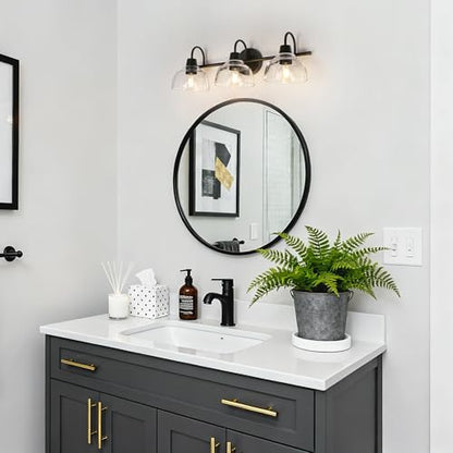 KSANA Black Bathroom Light Fixtures, Modern Farmhouse Vanity Lights Over Mirror 3-Light Bathroom Wall Mounted Sconce with Dome Glass Shade - size: 3-Light