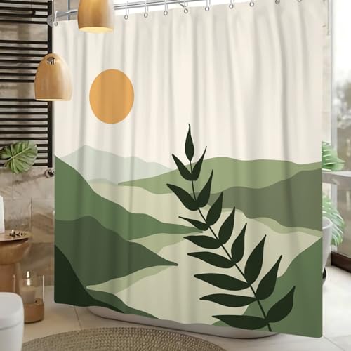 Boho Mid Century Shower Curtain Modern Abstract Sun Tropical Leaves Bathroom Curtain Set Neutral Minimalist Plant Waterproof Fabric Bath Decor with Hooks 48x72 inch - color: Light Green, size: 48"W x 72"L (Pack of 1)