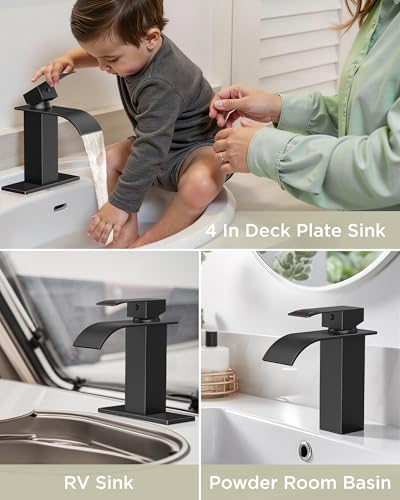 FORIOUS Bathroom Faucet 1 Hole, Waterfall Vanity Sink Faucet Matte Black | Bathroom Sink Faucet 1 or 3 Hole, Square Single Handle with 24" cUPC Supply Line and Pop-up Drain, Fits RV Restroom Basin - color: Matte Black